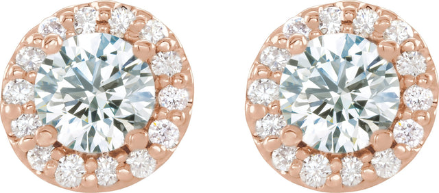 14K Gold Natural White Sapphire Round 4-Prong Halo-Style Earrings II - Rose Gold - view 8