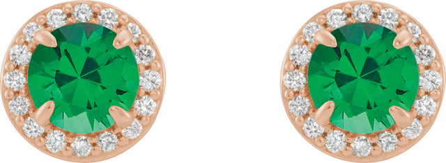 14K Gold Lab-Grown Emerald Round 4-Prong Halo-Style Earrings – 3.5-5mm Stones - Rose Gold - view 6