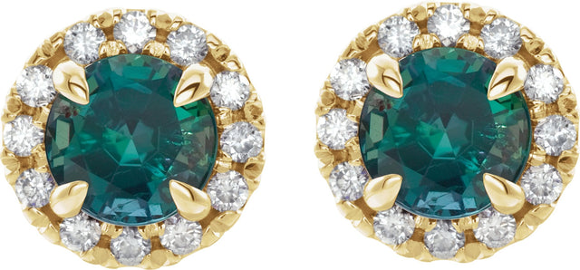 14K Gold Round Natural Emerald French-Set Halo-Style Earrings - Yellow Gold - view 6
