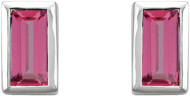 Platinum Natural Pink Tourmaline Straight Baguette Bezel-Set Stud Earrings - view 8