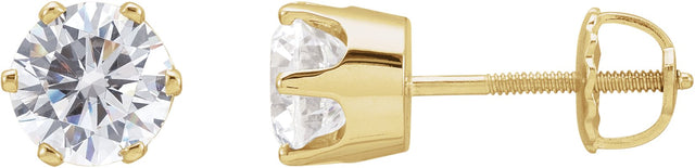 14K Gold White Cubic Zirconia Round 6-Prong Stud Earrings – 5.25-6.5mm Stones - Yellow Gold