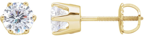 14K Gold White Cubic Zirconia Round 6-Prong Stud Earrings – 5.25-6.5mm Stones - Yellow Gold