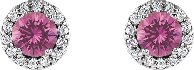 Platinum Natural Pink Sapphire Round 4-Prong Halo-Style Earrings - view 8