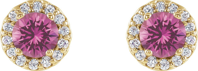 14K Gold Natural Pink Sapphire Round 4-Prong Halo-Style Earrings - Yellow Gold - view 6