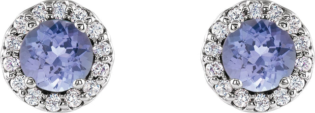 14K Gold Natural Tanzanite Round 4-Prong Halo-Style Earrings - White Gold - view 8