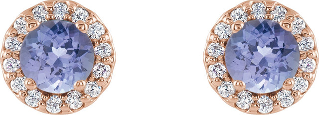 14K Gold Natural Blue Tanzanite Round 4-Prong Halo-Style Earrings - view 8