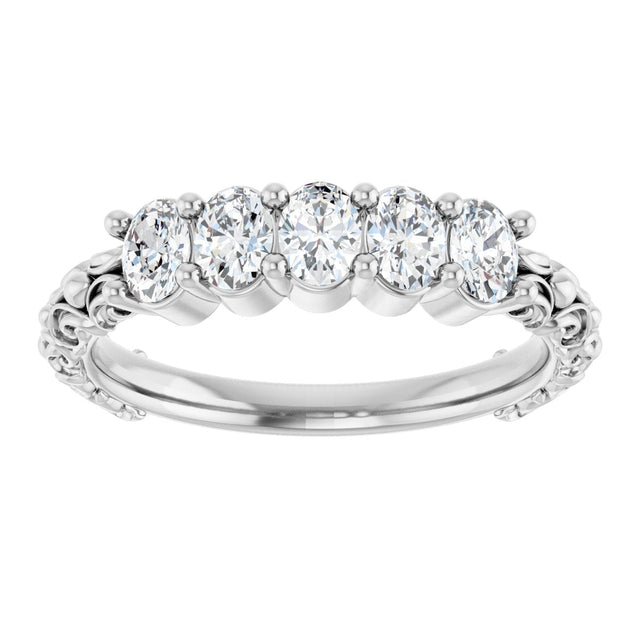 14K Gold Oval Natural Diamond Five-Stone Sculptural Anniversary Band - 3/4 CTW - White Gold - view 3