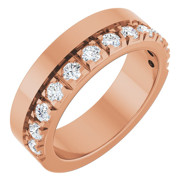 14K Gold Round Natural Diamond Single Sided Stepped-Edge Anniversary Band – 3 mm Stones - Rose Gold