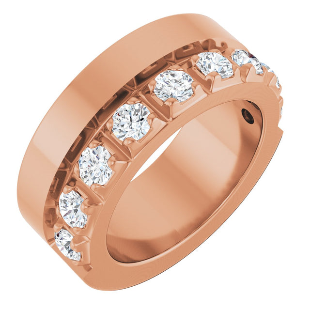 14K Gold Round Natural Diamond Single Sided Stepped-Edge Anniversary Band – 3 mm Stones - Rose Gold