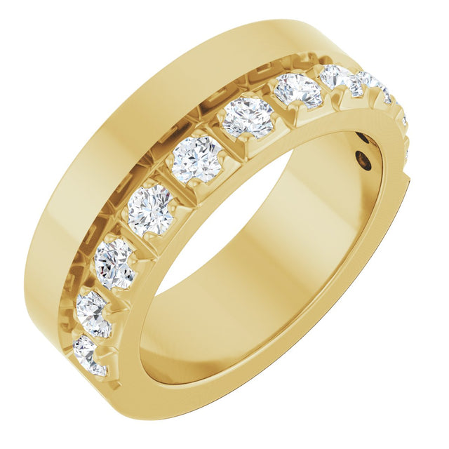 14K Gold Round Natural Diamond Single Sided Stepped-Edge Anniversary Band – 3 mm Stones - Yellow Gold
