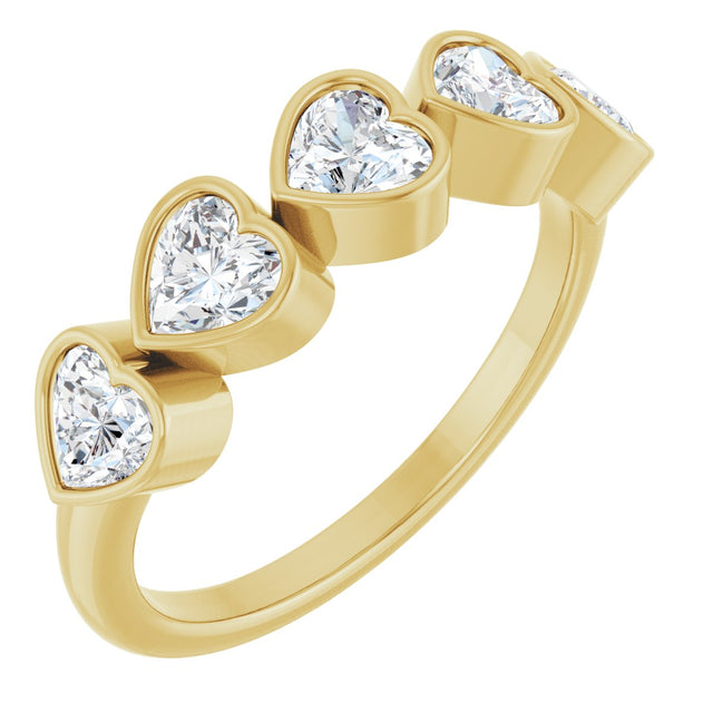 14K Gold Heart Lab-Grown Diamond Bezel-Set Five-Stone Anniversary Band - 4x4mm Stones - Yellow Gold