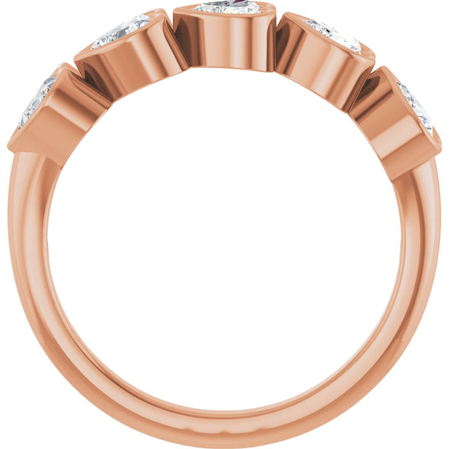 14K Gold Heart Natural Diamond Bezel-Set Five-Stone Anniversary Band - 4x4mm Stones - Rose Gold - view 2