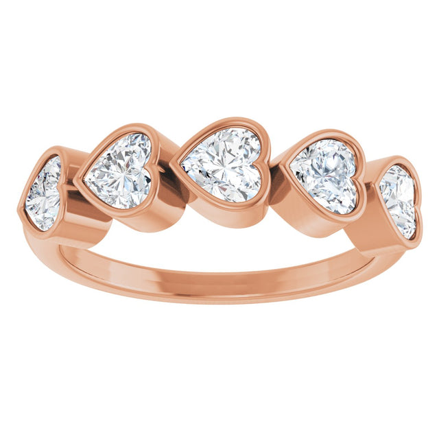 14K Gold Heart Natural Diamond Bezel-Set Five-Stone Anniversary Band - 4x4mm Stones - Rose Gold - view 3