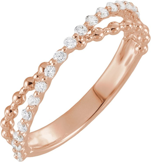 14K Gold Round Lab-Grown Diamond Beaded Criss-Cross Anniversary Band - 1/4 CTW - Rose Gold