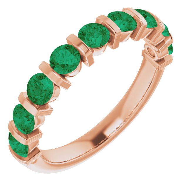 14K Gold Round Lab-Grown Green Emerald Bar Channel-Set Anniversary Band - Rose Gold