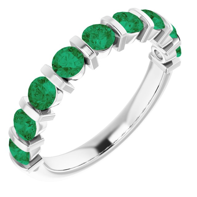 Platinum Round Natural Green Emerald Bar Channel-Set Anniversary Band