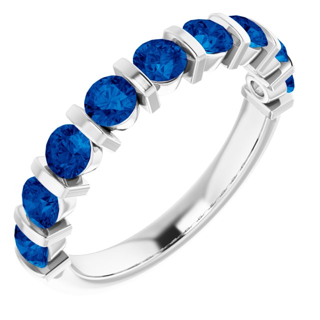 14K Gold Round Natural Blue Sapphire Bar Channel-Set Anniversary Band - White Gold