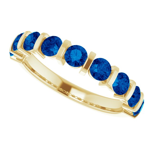 14K Gold Round Lab-Grown Blue Sapphire Bar Channel-Set Anniversary Band - Yellow Gold - view 5