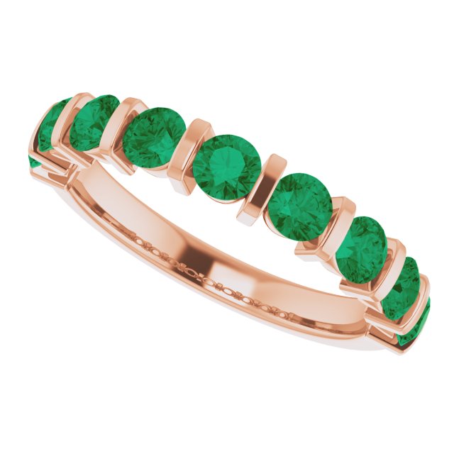 14K Gold Round Natural Green Emerald Bar Channel-Set Anniversary Band - Rose Gold - view 5