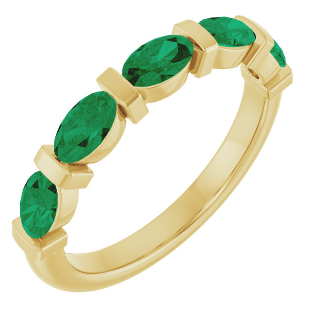 14K Gold Oval Natural Green Emerald Bar Channel-Set Anniversary Band - Yellow Gold