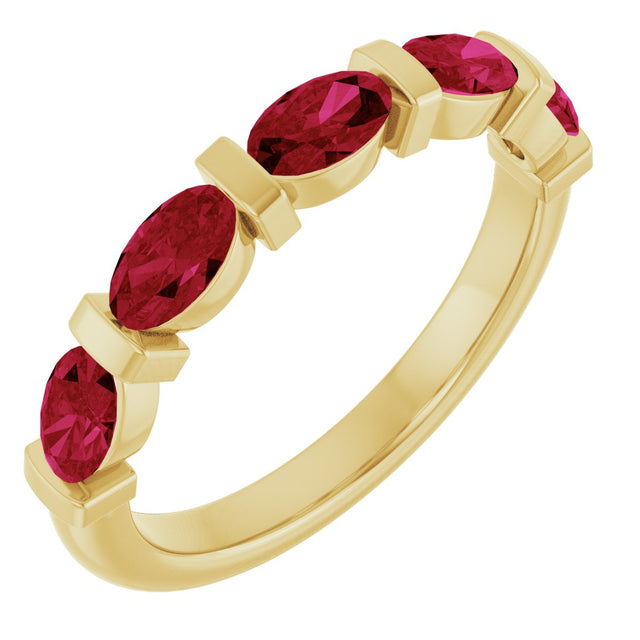 14K Gold Oval Natural Red Ruby Bar Channel-Set Anniversary Band - Yellow Gold