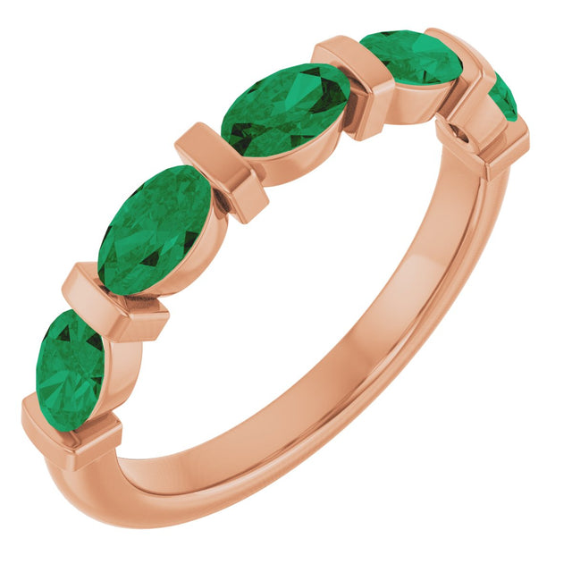 14K Gold Oval Lab-Grown Green Emerald Bar Channel-Set Anniversary Band - Rose Gold