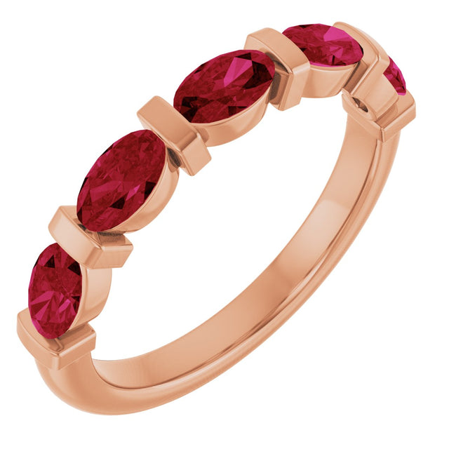 14K Gold Oval Lab-Grown Red Ruby Bar Channel-Set Anniversary Band - Rose Gold