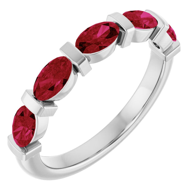 14K Gold Oval Natural Red Ruby Bar Channel-Set Anniversary Band - White Gold