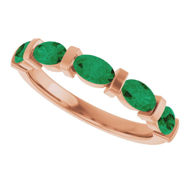 14K Gold Oval Lab-Grown Green Emerald Bar Channel-Set Anniversary Band - Rose Gold - view 5