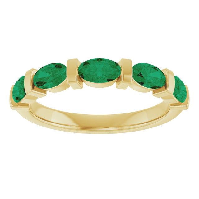 14K Gold Oval Lab-Grown Green Emerald Bar Channel-Set Anniversary Band - Yellow Gold - view 3