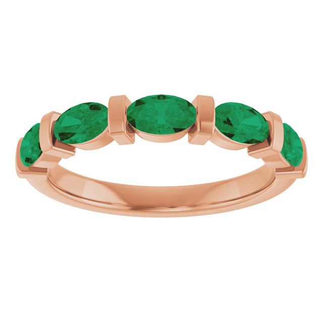 14K Gold Oval Lab-Grown Green Emerald Bar Channel-Set Anniversary Band - Rose Gold - view 3