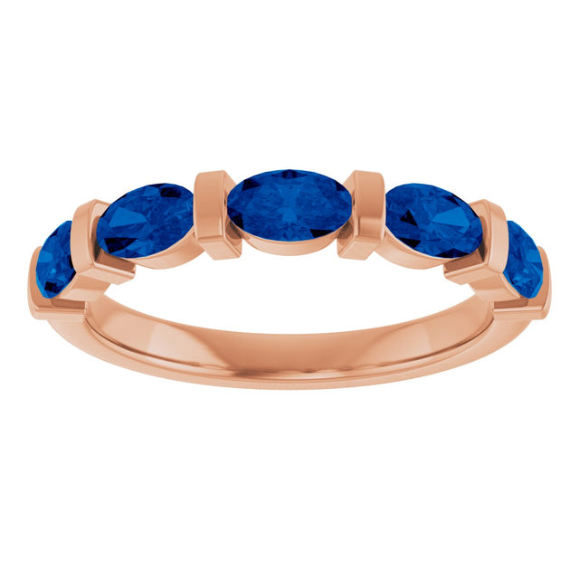 14K Gold Oval Natural Blue Sapphire Bar Channel-Set Anniversary Band - Rose Gold - view 3