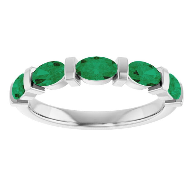 14K Gold Oval Lab-Grown Green Emerald Bar Channel-Set Anniversary Band - White Gold - view 3
