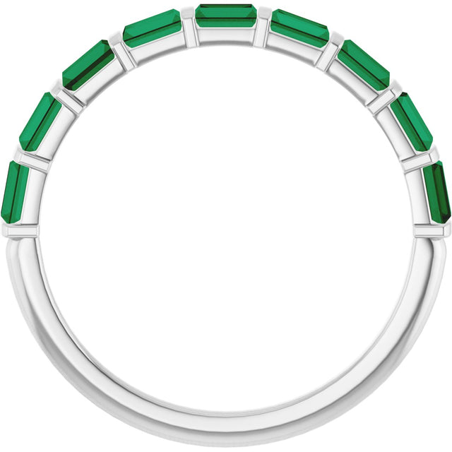 Platinum Straight Baguette Lab-Grown Green Emerald Bar Channel-Set Anniversary Band - view 2