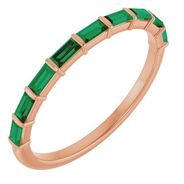 14K Gold Straight Baguette Lab-Grown Green Emerald Bar Channel-Set Anniversary Band - Rose Gold