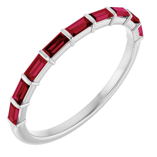 14K Gold Straight Baguette Lab-Grown Red Ruby Bar Channel-Set Anniversary Band - White Gold