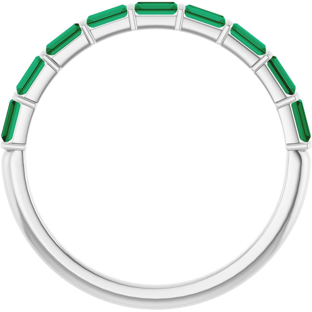 Platinum Straight Baguette Lab-Grown Green Emerald Bar Channel-Set Anniversary Band - view 2