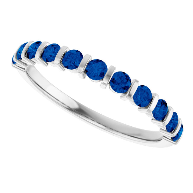 14K Gold Round Natural Blue Sapphire Bar Channel-Set Anniversary Band - White Gold - view 5