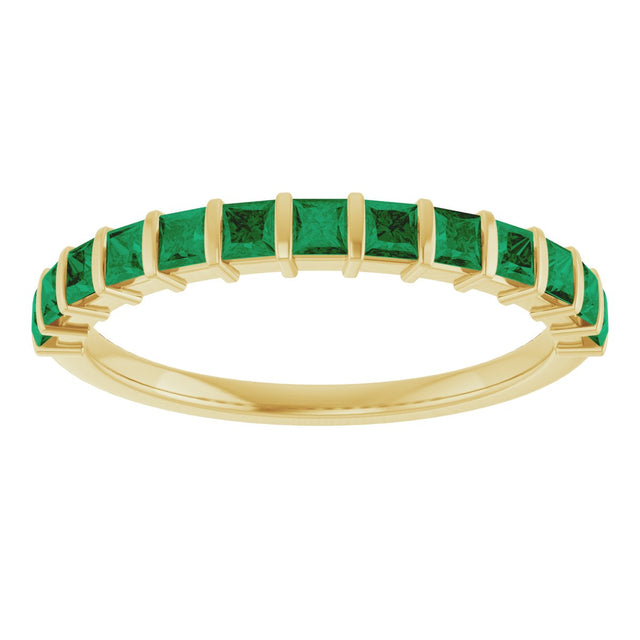 14K Gold Square Natural Green Emerald Bar Channel-Set Anniversary Band - Yellow Gold - view 3