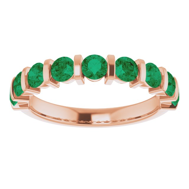 14K Gold Round Natural Green Emerald Bar Channel-Set Anniversary Band - Rose Gold - view 3