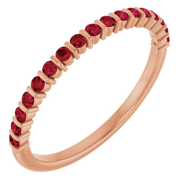 14K Gold Round Lab-Grown Red Ruby Bar Channel-Set Anniversary Band - Rose Gold