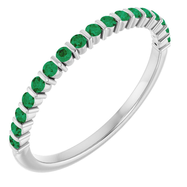 Platinum Round Lab-Grown Green Emerald Bar Channel-Set Anniversary Band
