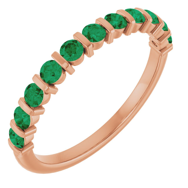 14K Gold Round Natural Green Emerald Bar Channel-Set Anniversary Band - Rose Gold