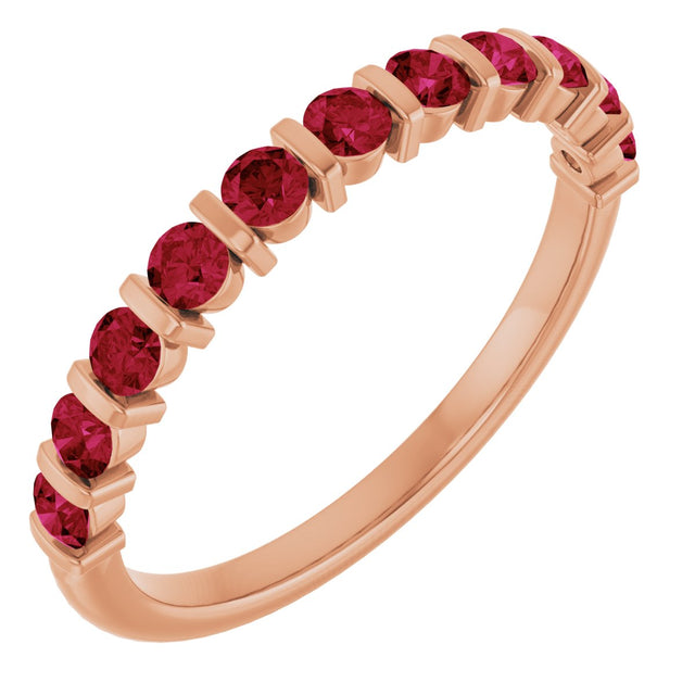 14K Gold Round Natural Red Ruby Bar Channel-Set Anniversary Band - Rose Gold