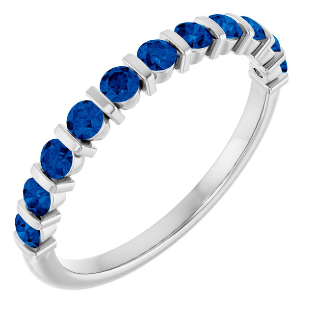 14K Gold Round Natural Blue Sapphire Bar Channel-Set Anniversary Band - White Gold