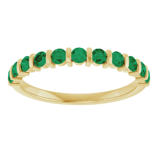 14K Gold Round Natural Green Emerald Bar Channel-Set Anniversary Band - Yellow Gold - view 3