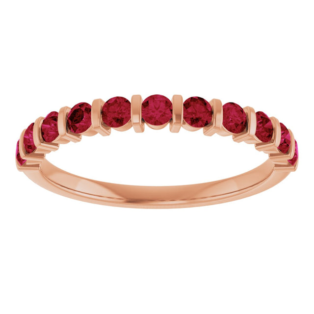 14K Gold Round Natural Red Ruby Bar Channel-Set Anniversary Band - Rose Gold - view 3