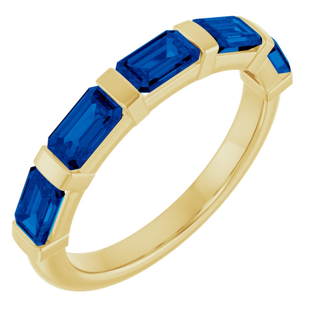 14K Gold Emerald Lab-Grown Blue Sapphire Bar Channel-Set Anniversary Band - Yellow Gold