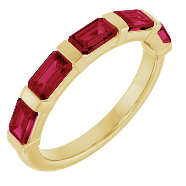14K Gold Emerald Lab-Grown Red Ruby Bar Channel-Set Anniversary Band - Yellow Gold