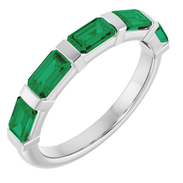 14K Gold Emerald Lab-Grown Green Emerald Bar Channel-Set Anniversary Band - White Gold